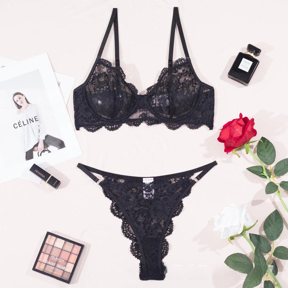 Mesh See-Through Lace Lingerie Two-Piece Set