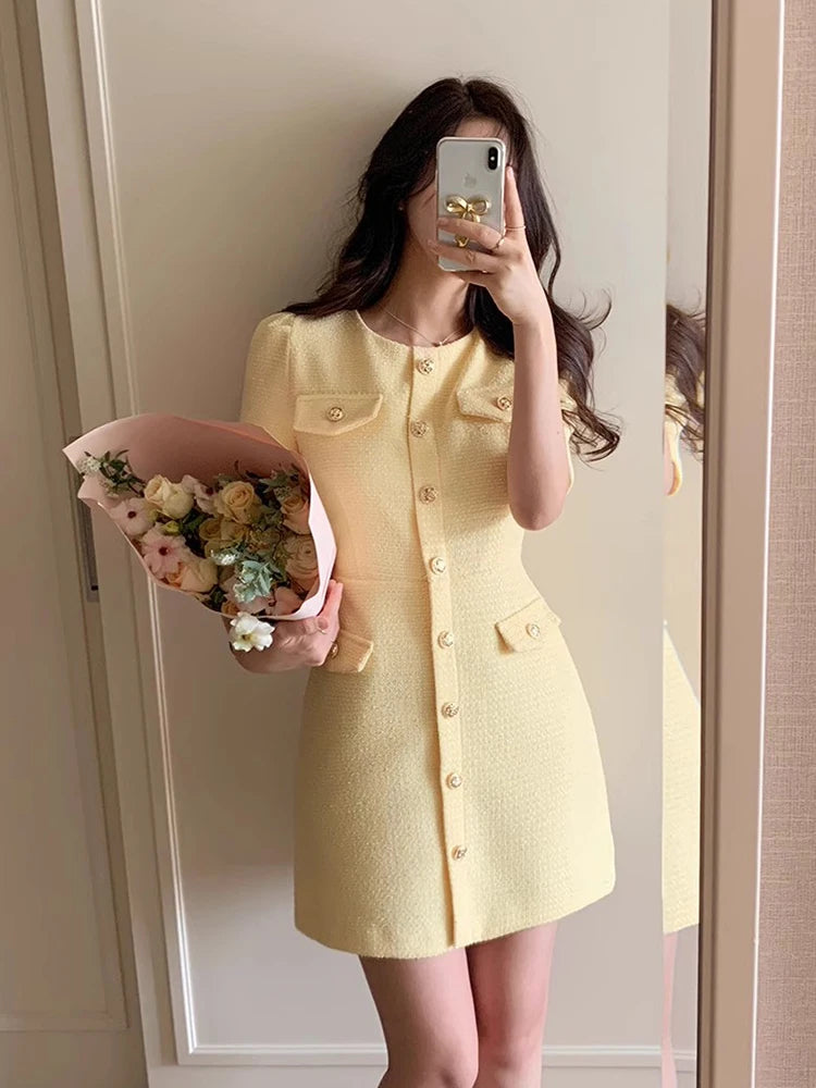 Korean Chic Tweed Puff Sleeve Mini Dress