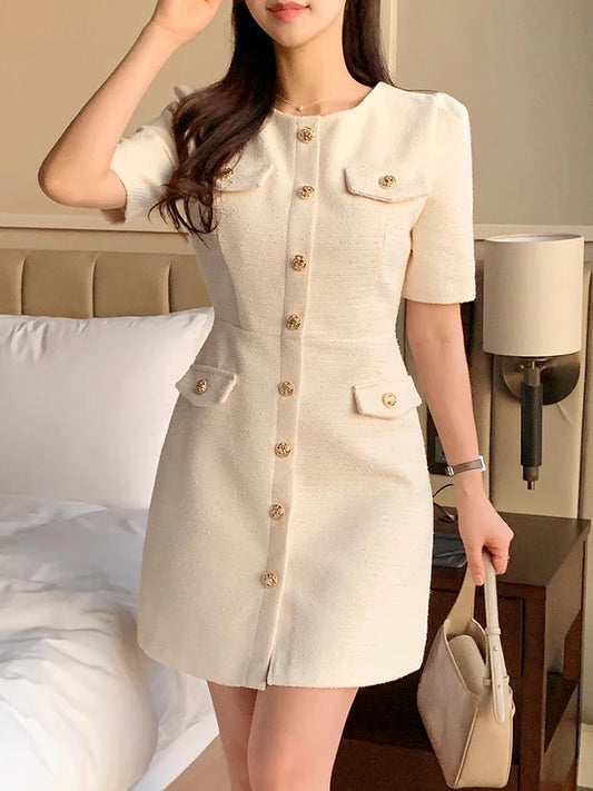 Korean Chic Tweed Puff Sleeve Mini Dress