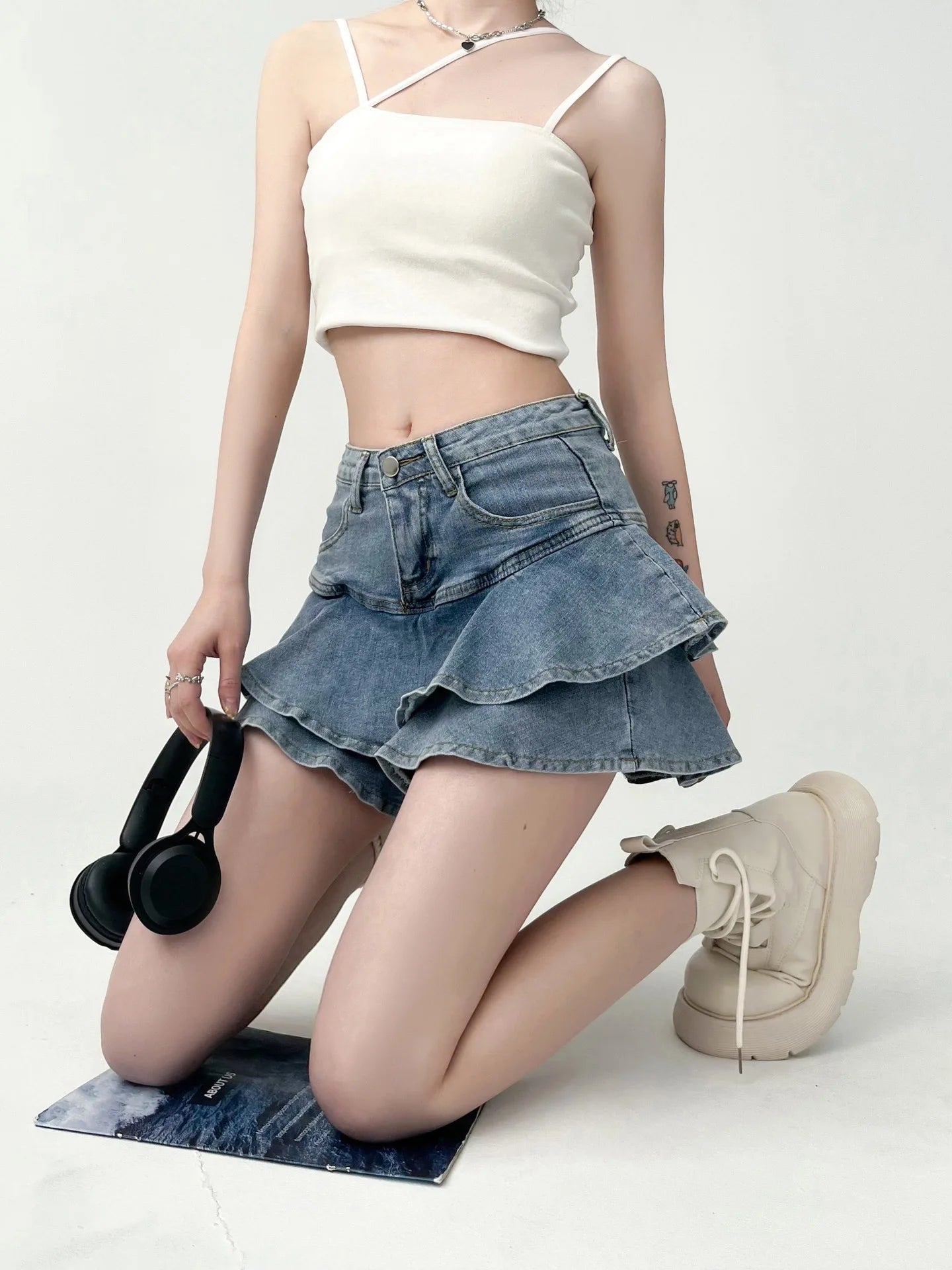 High-Waist Stretch Denim Mini Skirt