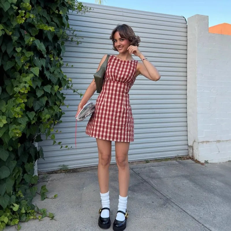 Red & White Checkered Slim Waist Sleeveless Mini Dress