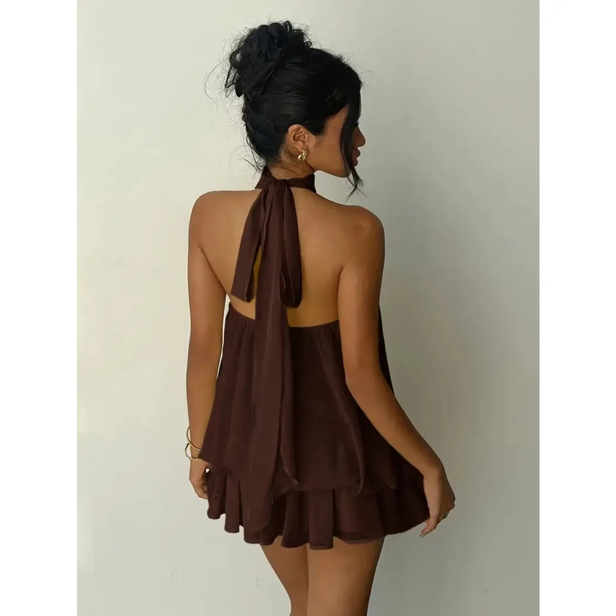Halter Neck Tie-Front Chiffon Mini Dress