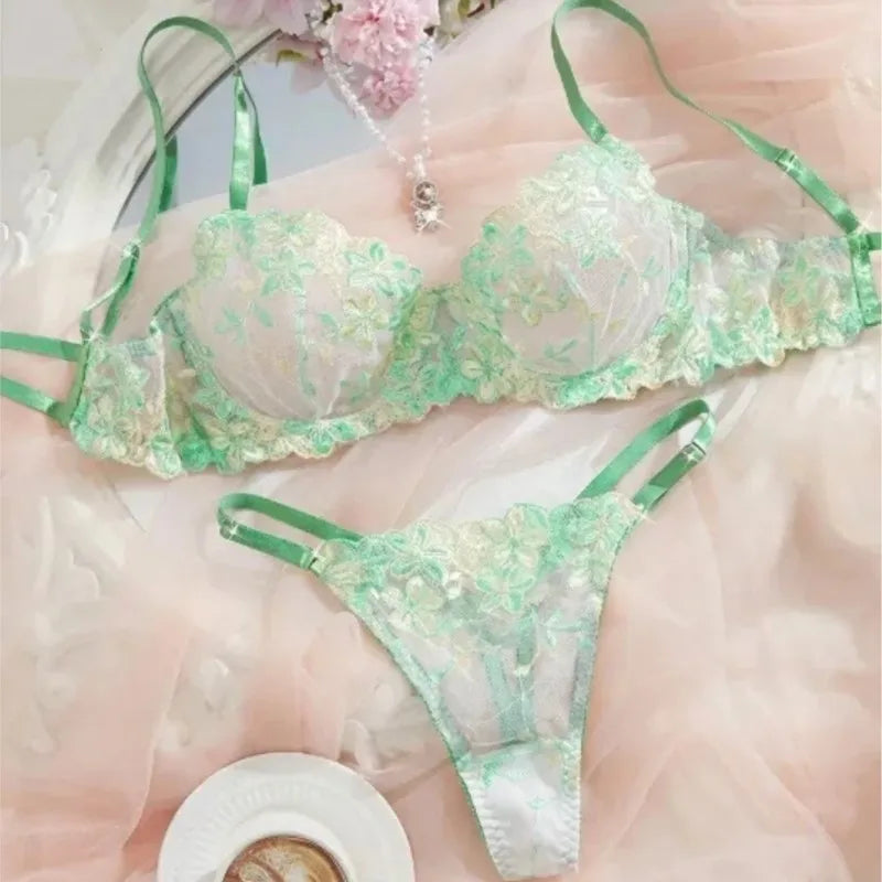 Floral Embroidery Underwire Push-Up Bra & Lace Panty Set