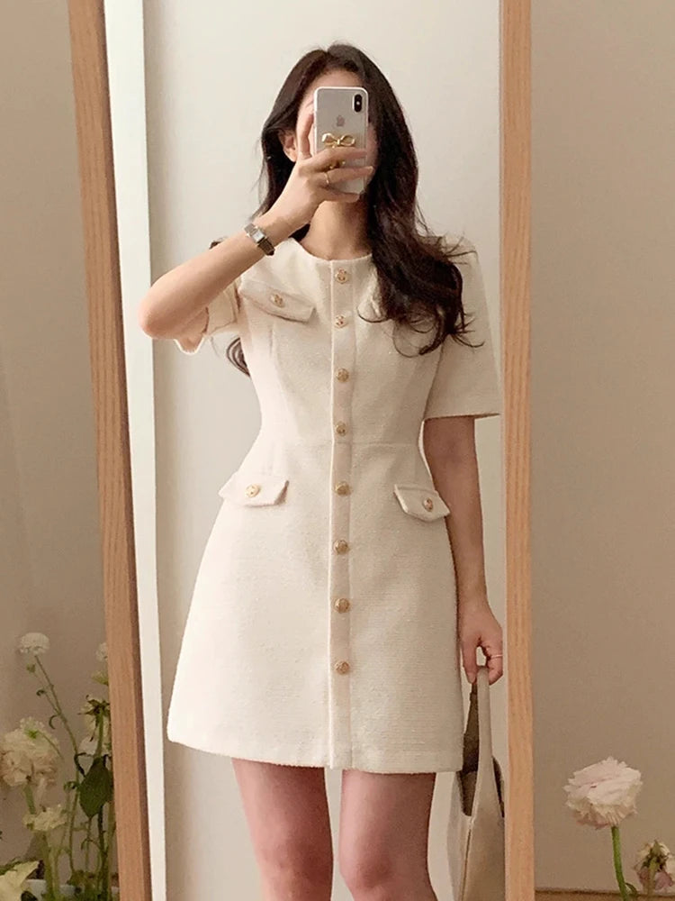 Korean Chic Tweed Puff Sleeve Mini Dress