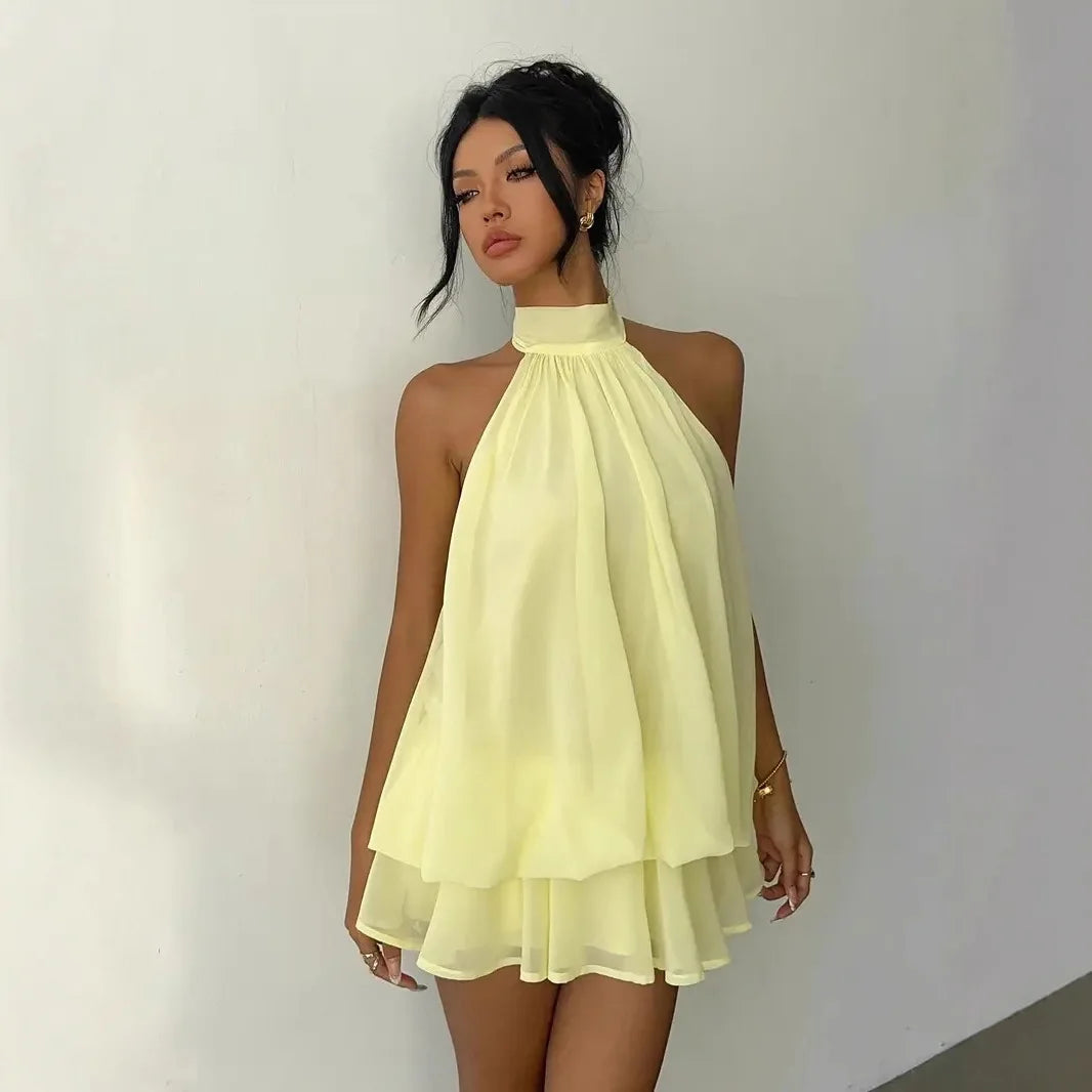 Halter Neck Tie-Front Chiffon Mini Dress