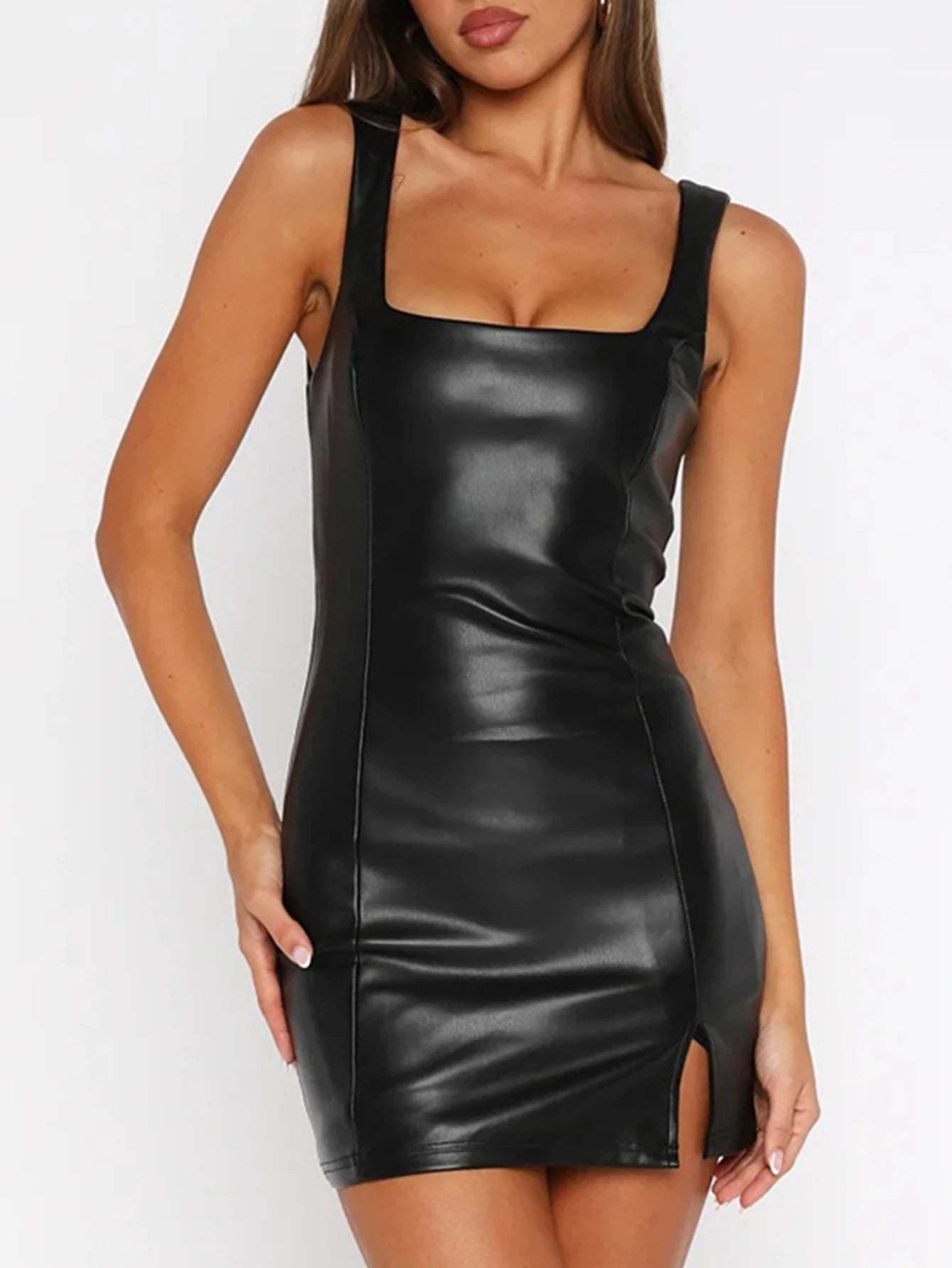 Backless PU Leather Bodycon Mini Dress