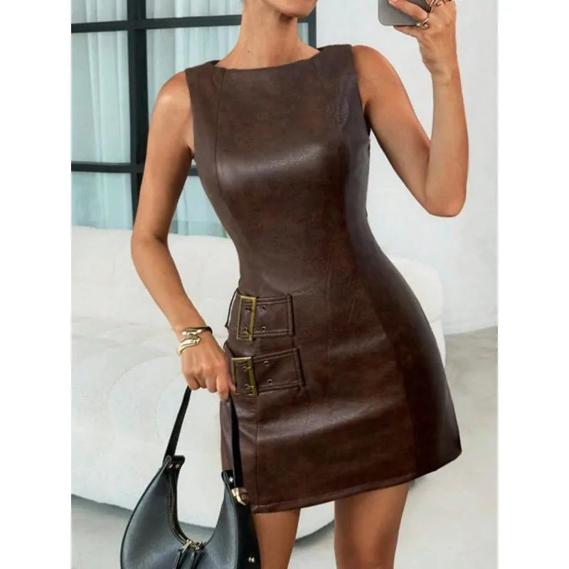 PU Leather Sleeveless Bodycon Vest Mini Dress