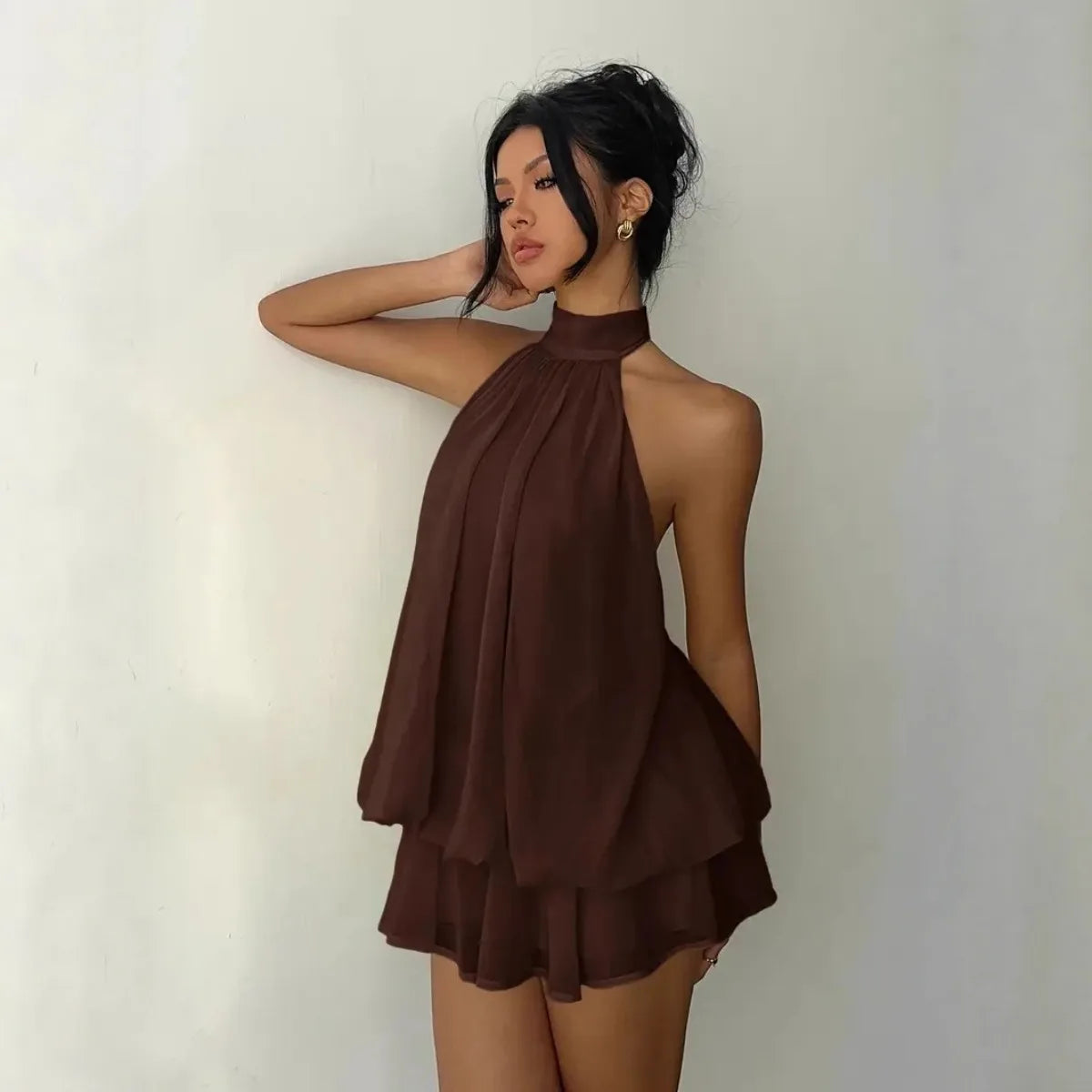 Halter Neck Tie-Front Chiffon Mini Dress