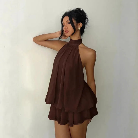 Halter Neck Tie-Front Chiffon Mini Dress