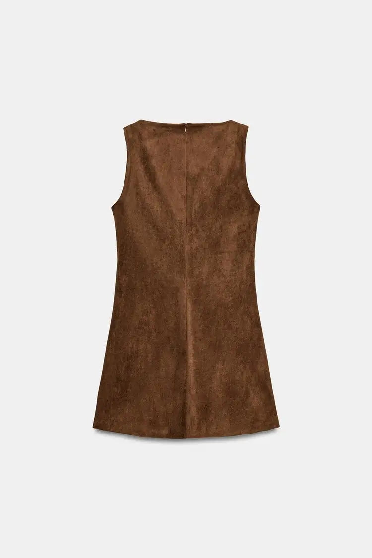 Solid Suede Round Neck Waist-Cinching A-Line Mini Dress