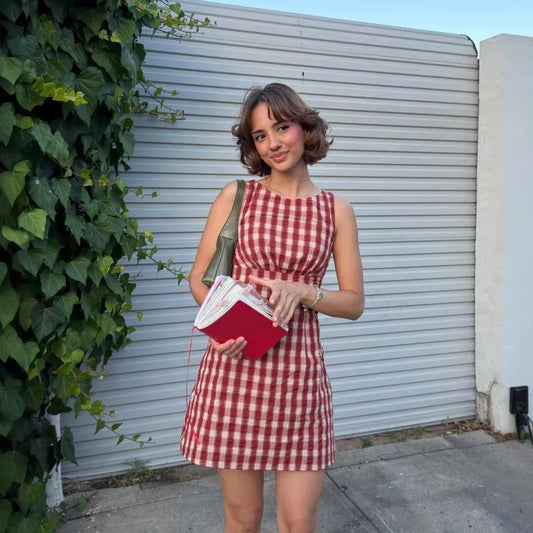 Red & White Checkered Slim Waist Sleeveless Mini Dress