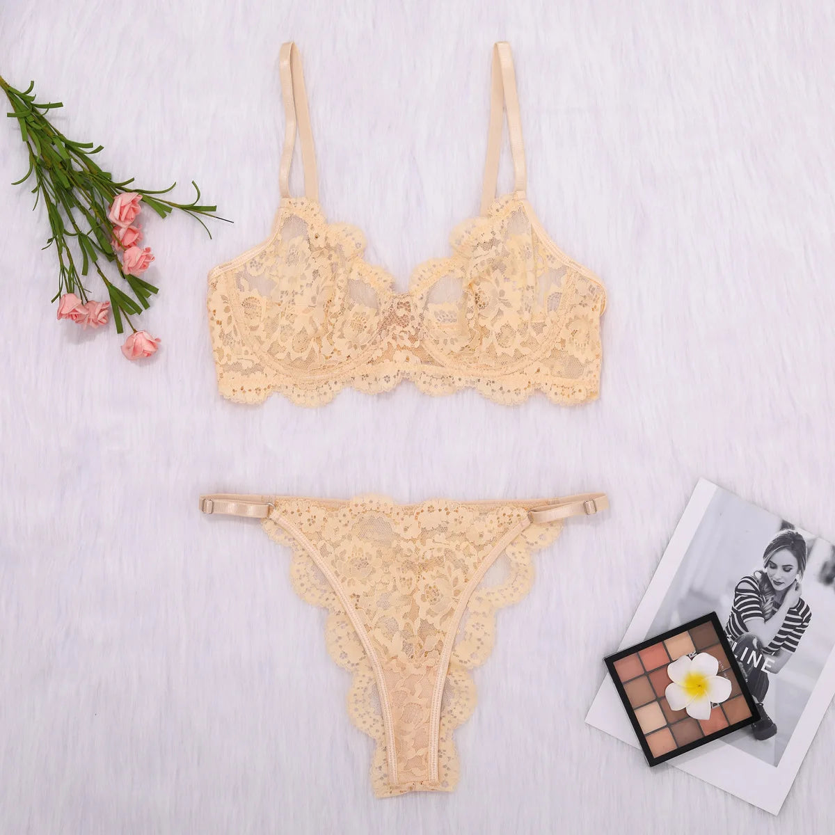 Mesh See-Through Lace Lingerie Two-Piece Set