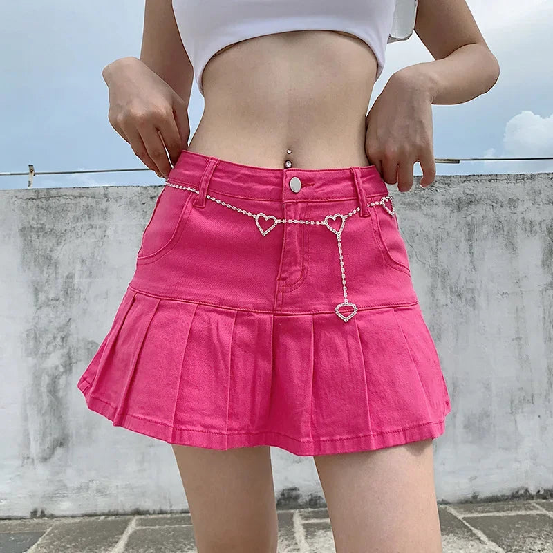 Denim A-Line Pleated Mini Skirt