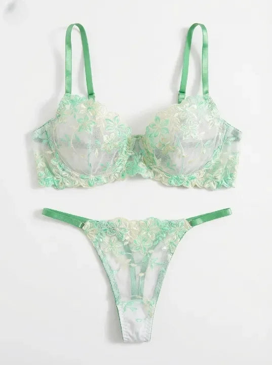 Floral Embroidery Underwire Push-Up Bra & Lace Panty Set