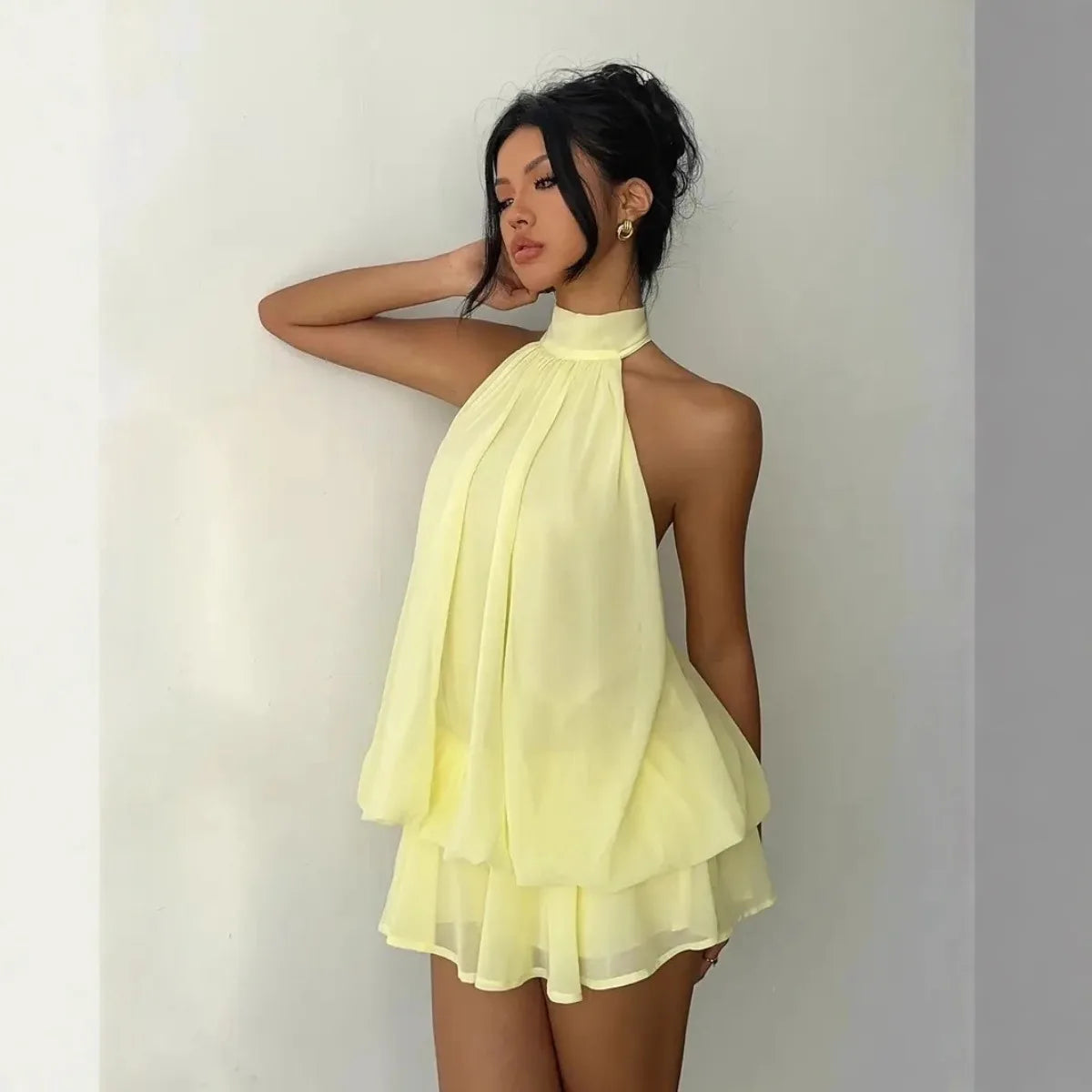 Halter Neck Tie-Front Chiffon Mini Dress