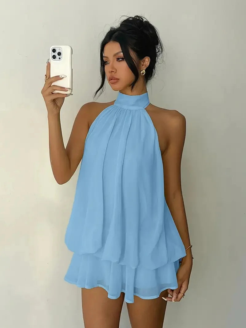 Halter Neck Tie-Front Chiffon Mini Dress