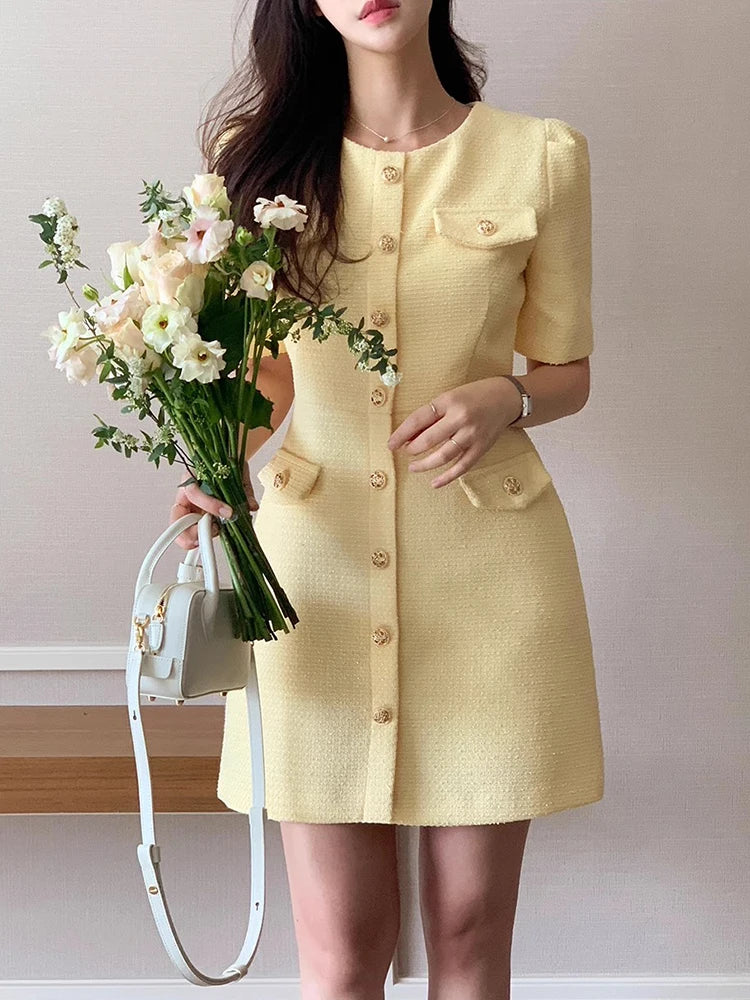 Korean Chic Tweed Puff Sleeve Mini Dress