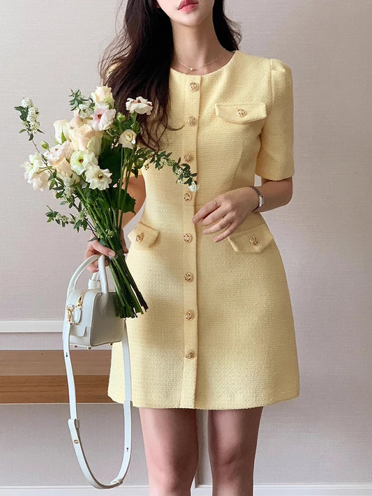 Korean Chic Tweed Puff Sleeve Mini Dress