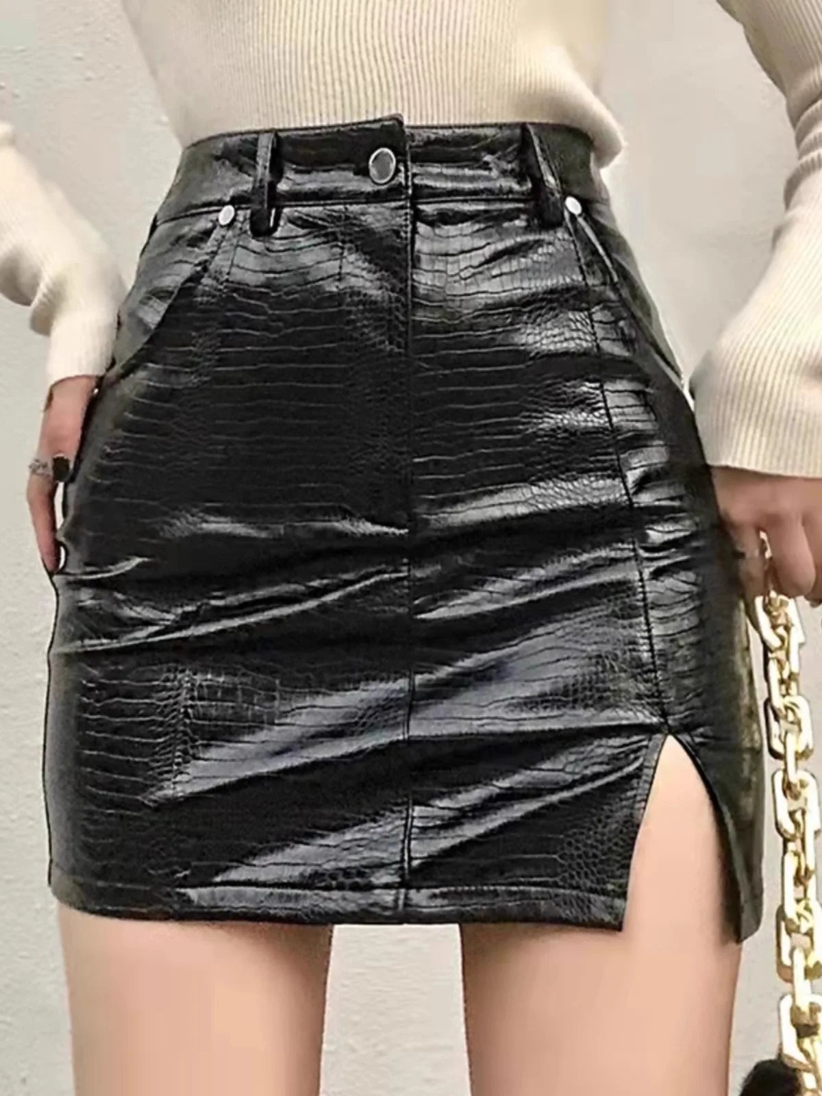 Black PU Leather Wrap Mini Skirt