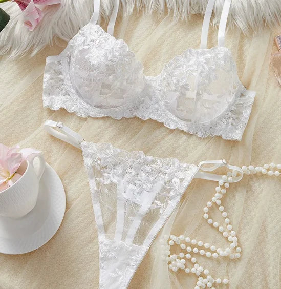 Floral Embroidery Underwire Push-Up Bra & Lace Panty Set