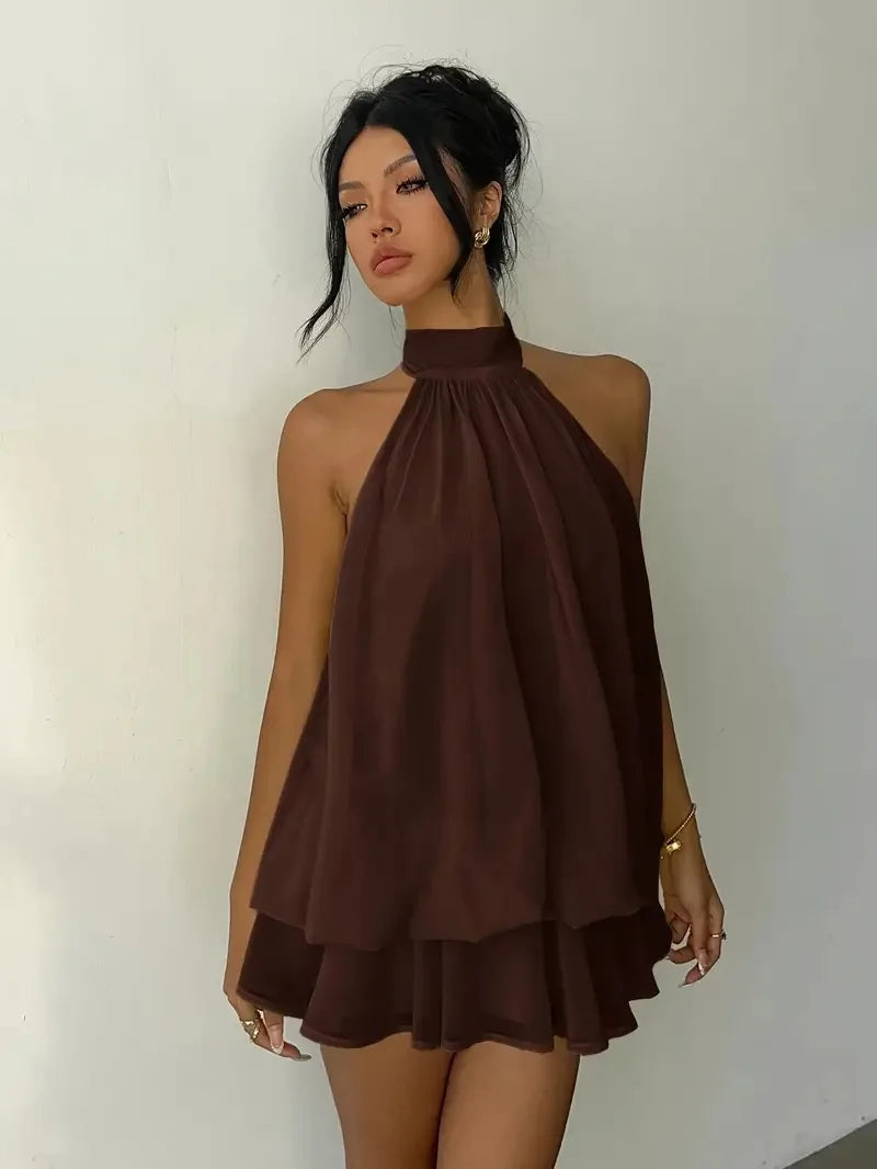 Halter Neck Tie-Front Chiffon Mini Dress