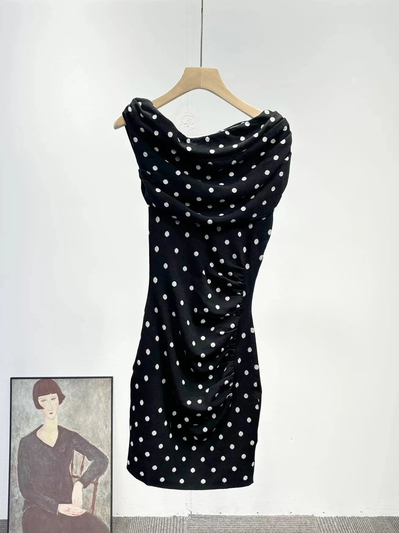 Black Polka Dot Knit Asymmetrical Shoulder Mini Dress