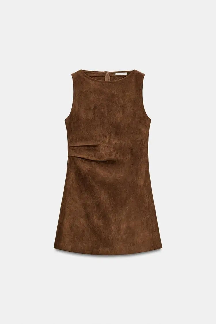 Casual Brown Suede Round Neck Waist-Cinching A-Line Mini Dress