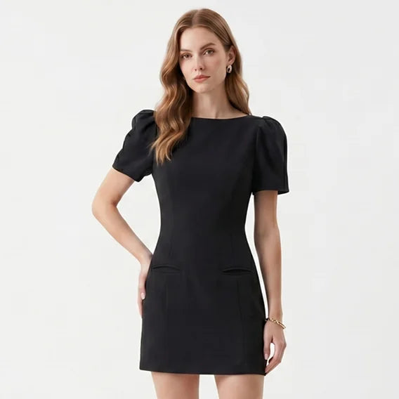 Boat Neck Puff Sleeve Bodycon Mini Dress