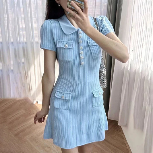 Polo Neck Short Sleeve Knit Wrapped Hip Mini Skirt
