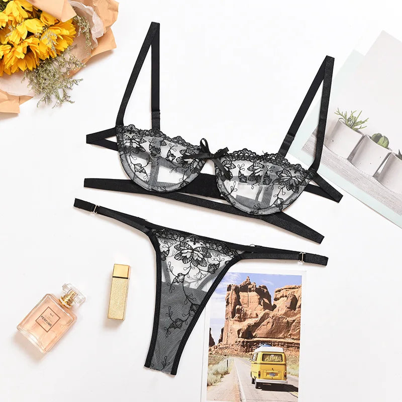 Floral Leaf Embroidery Three-Piece Lingerie Set