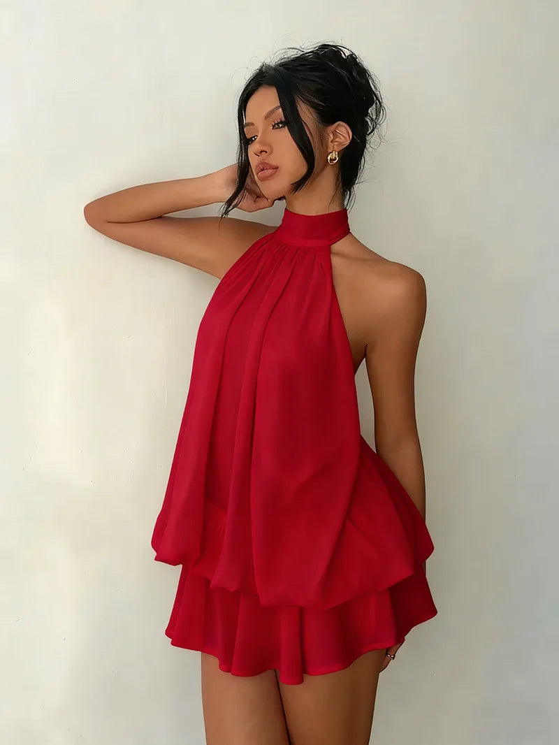 Halter Neck Tie-Front Chiffon Mini Dress