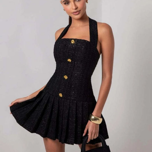 Solid Color Pleated Halter Mini Dress