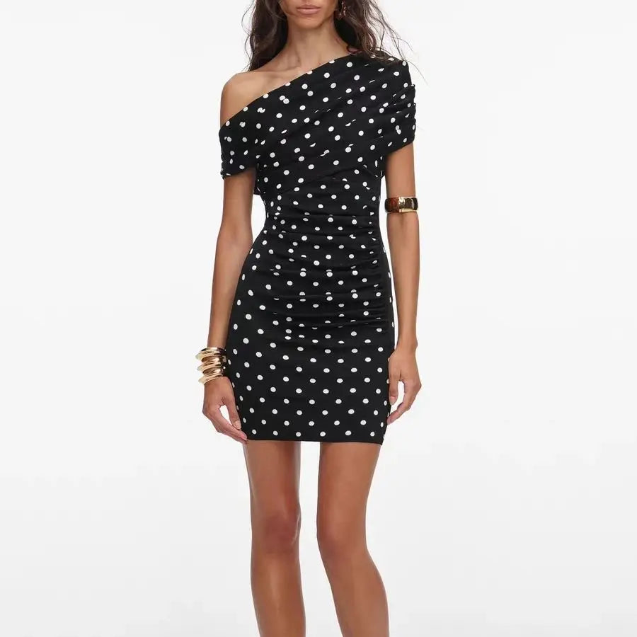 Black Polka Dot Knit Asymmetrical Shoulder Mini Dress