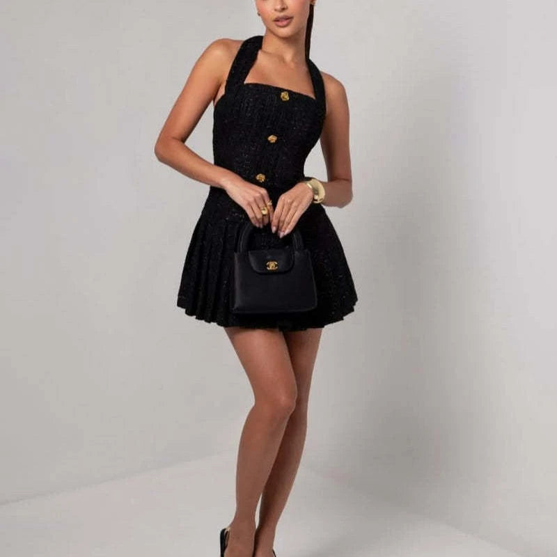 Solid Color Pleated Halter Mini Dress