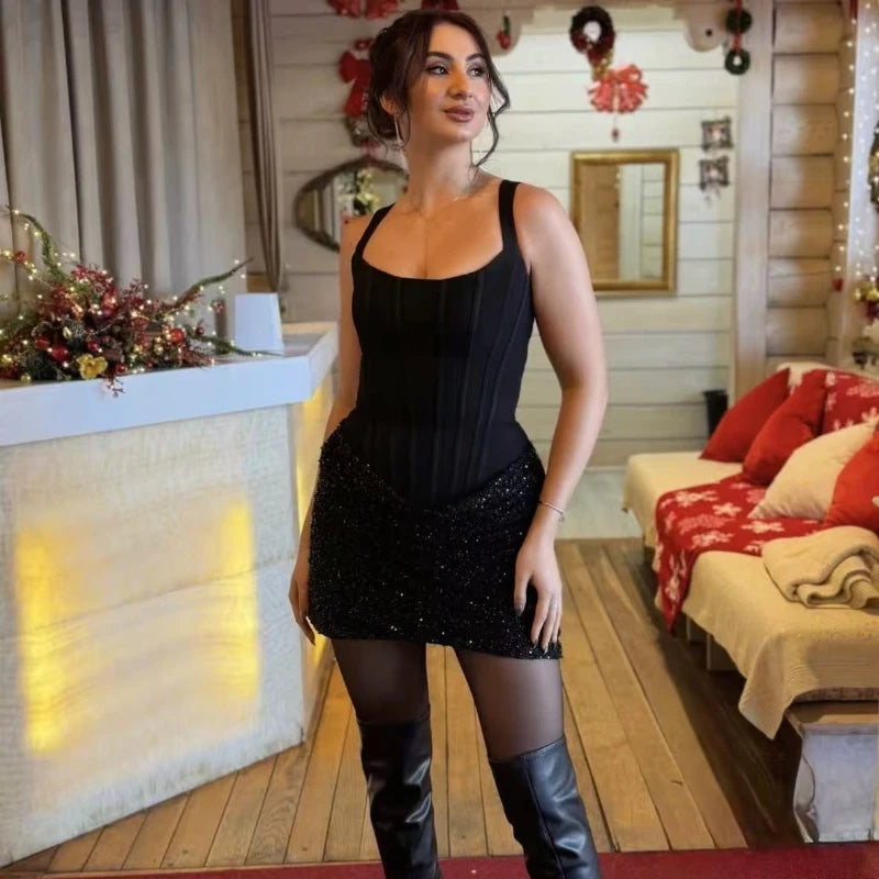 Sparkly Sequin Corset Lace-Up Mini Dress