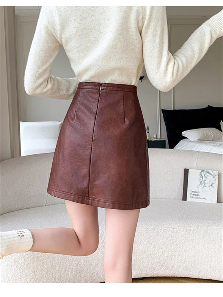 Burgundy PU Leather Mini Skirt