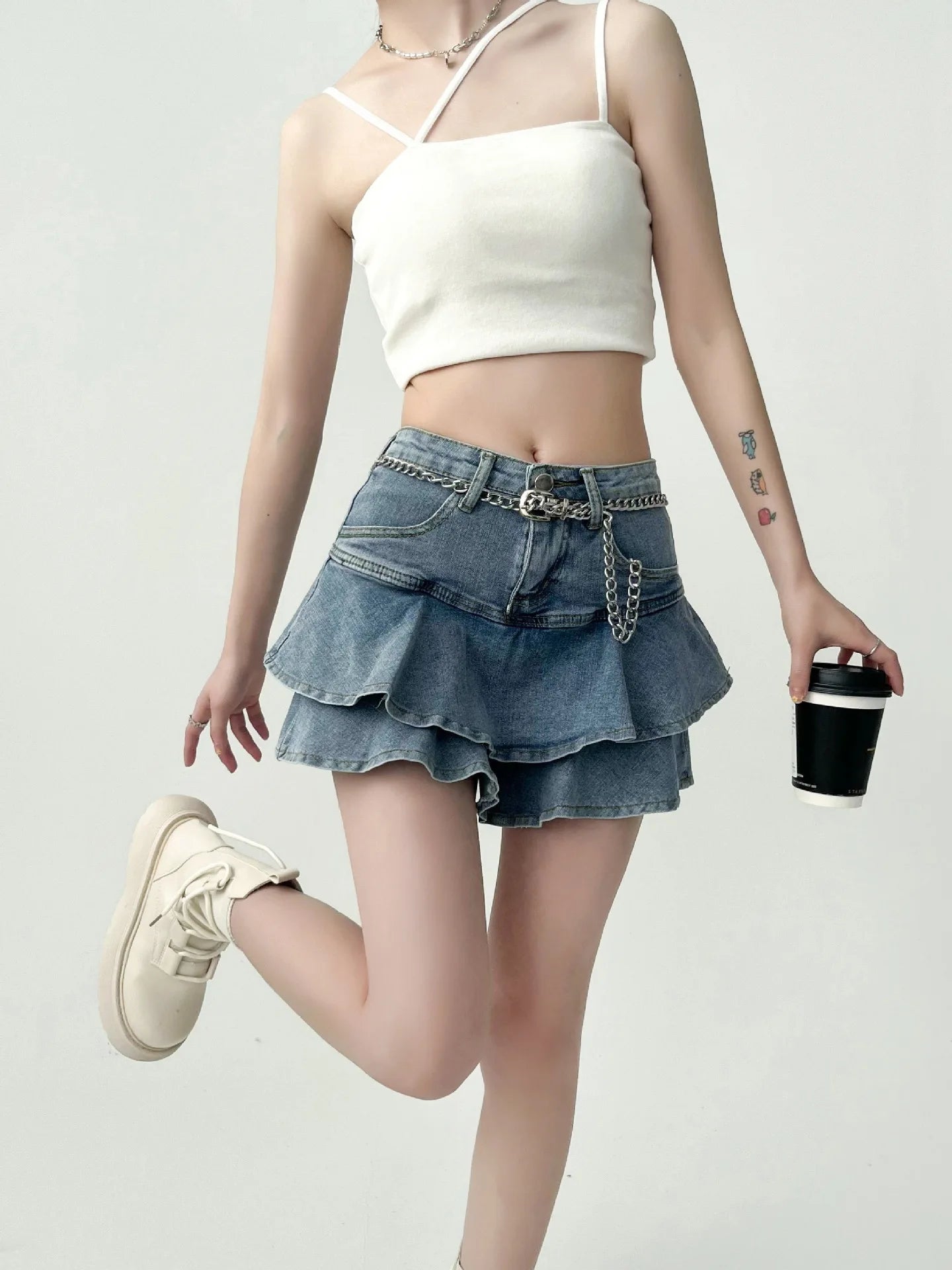 High-Waist Stretch Denim Mini Skirt