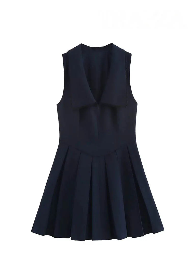 V-Neck Sleeveless Pleated Mini Dress