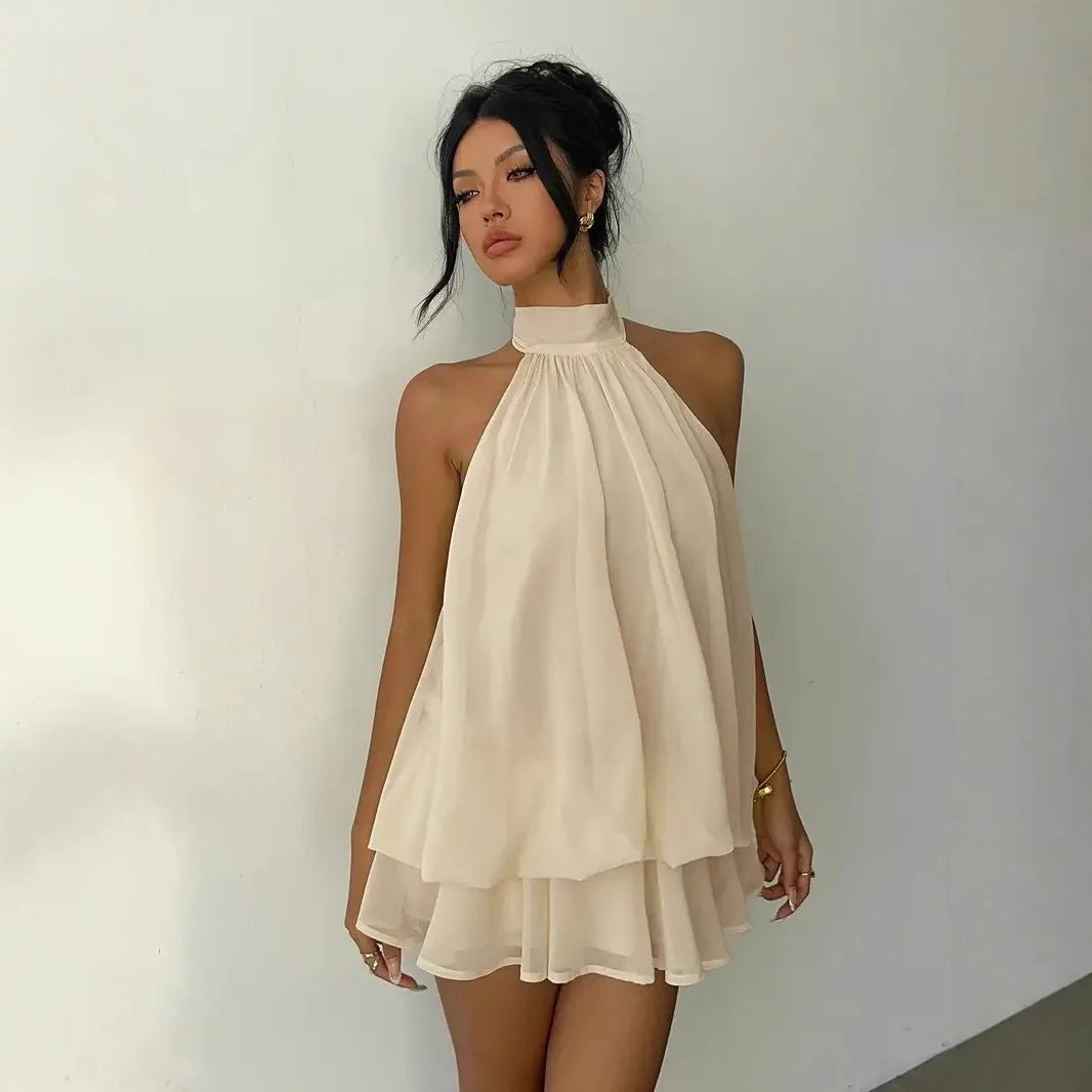 Halter Neck Tie-Front Chiffon Mini Dress