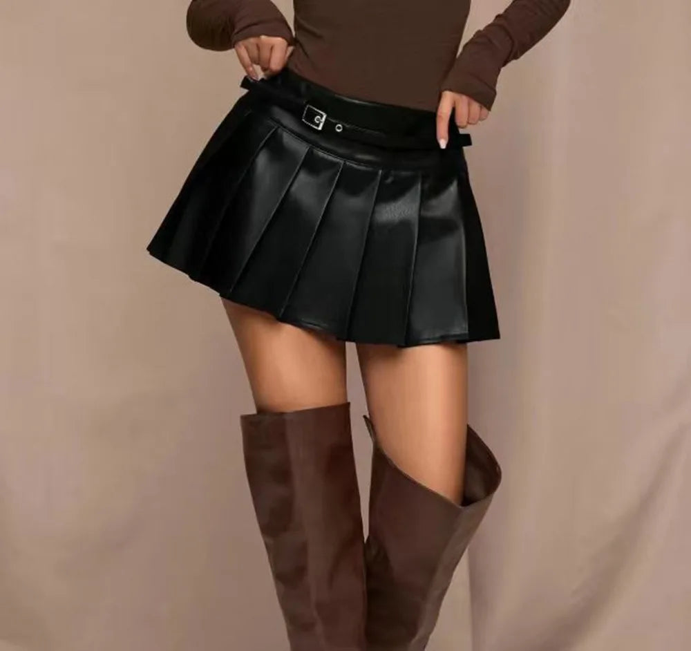 PU Leather Pleated Mini Skirt