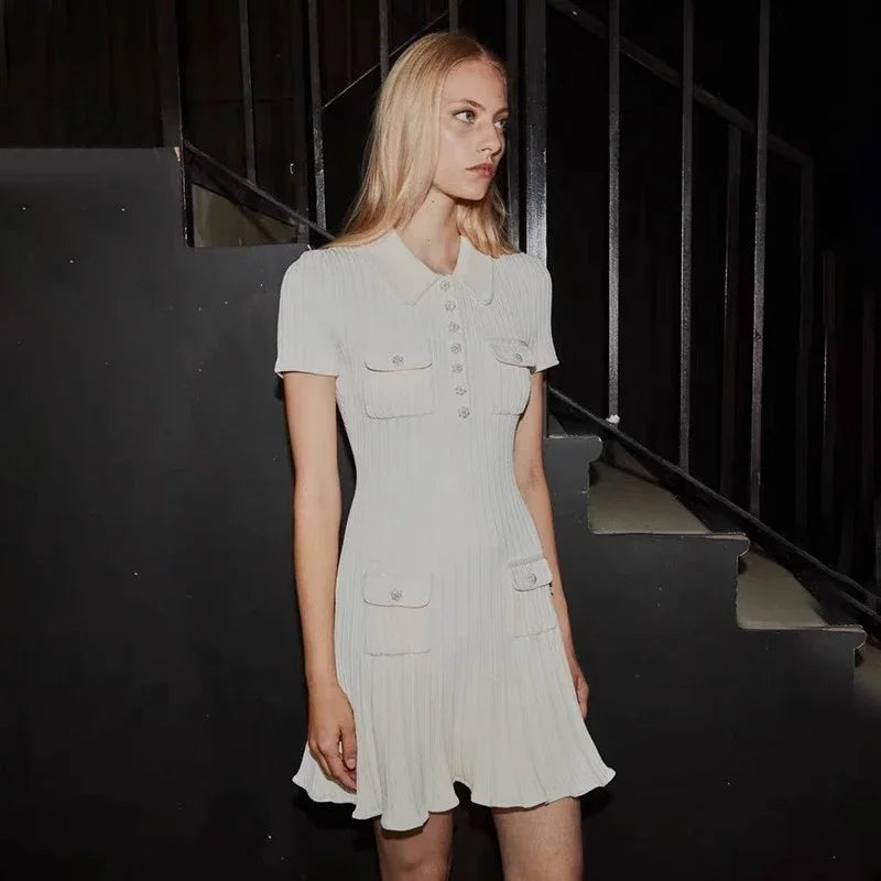 Polo Neck Short Sleeve Knit Wrapped Hip Mini Skirt