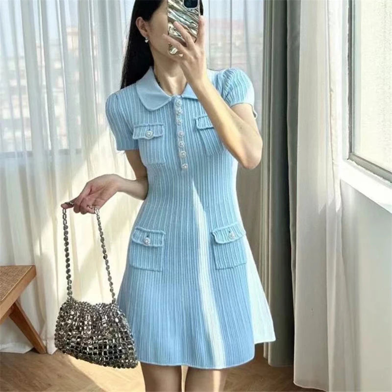 Polo Neck Short Sleeve Knit Wrapped Hip Mini Skirt