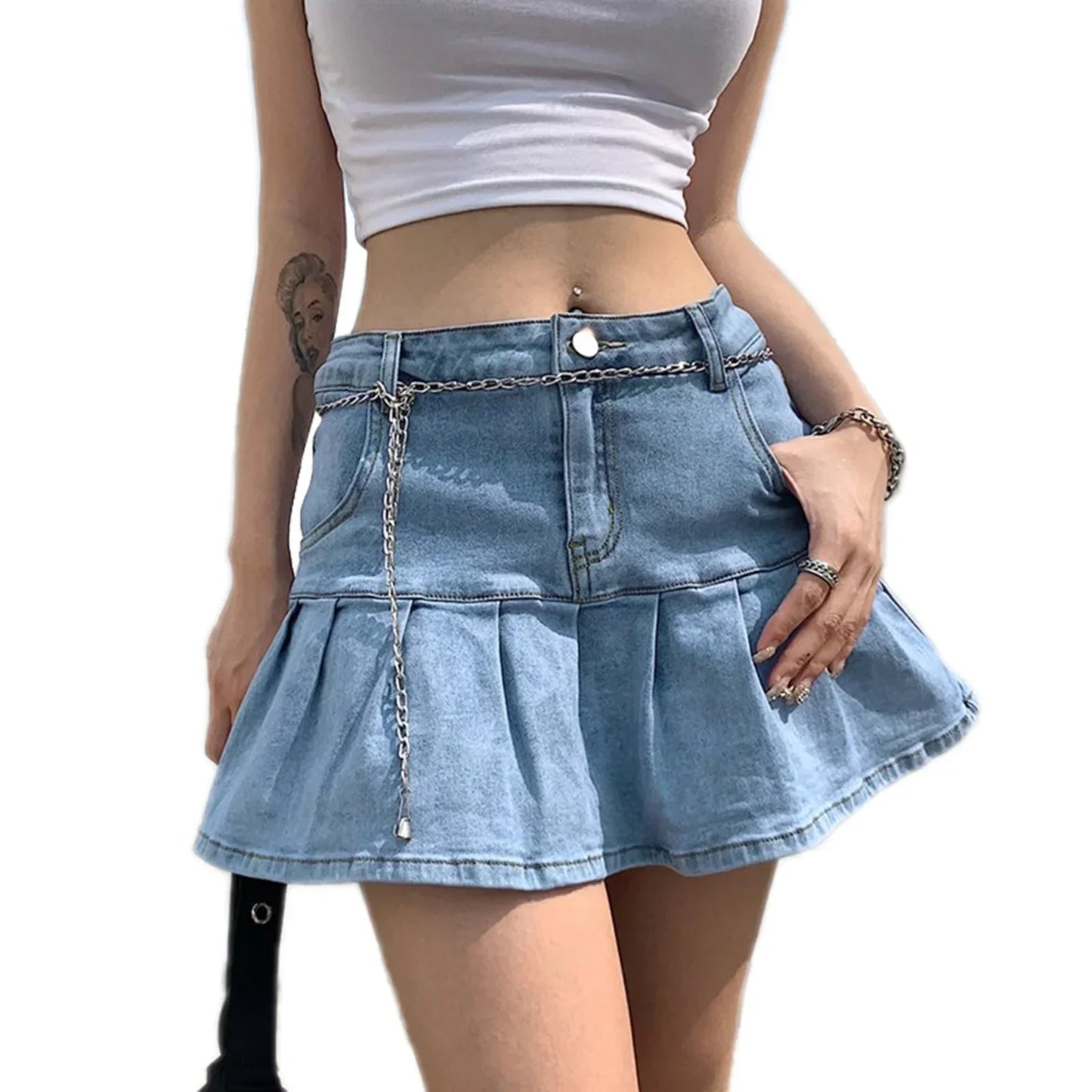 Denim A-Line Pleated Mini Skirt