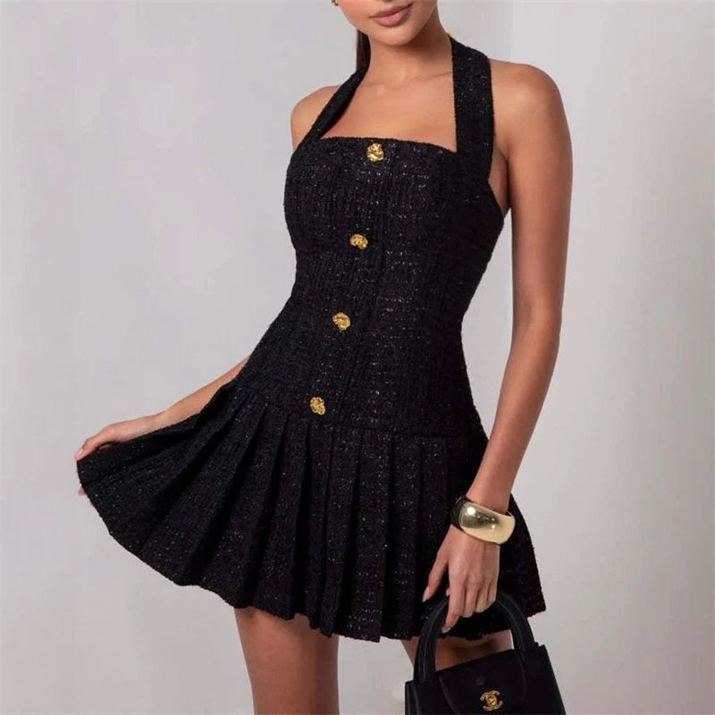 Solid Color Pleated Halter Mini Dress