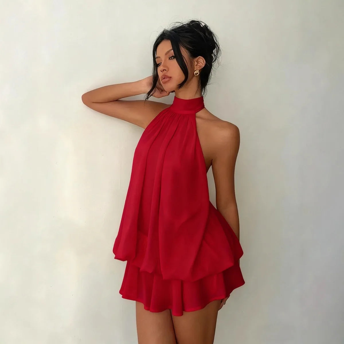 Halter Neck Tie-Front Chiffon Mini Dress