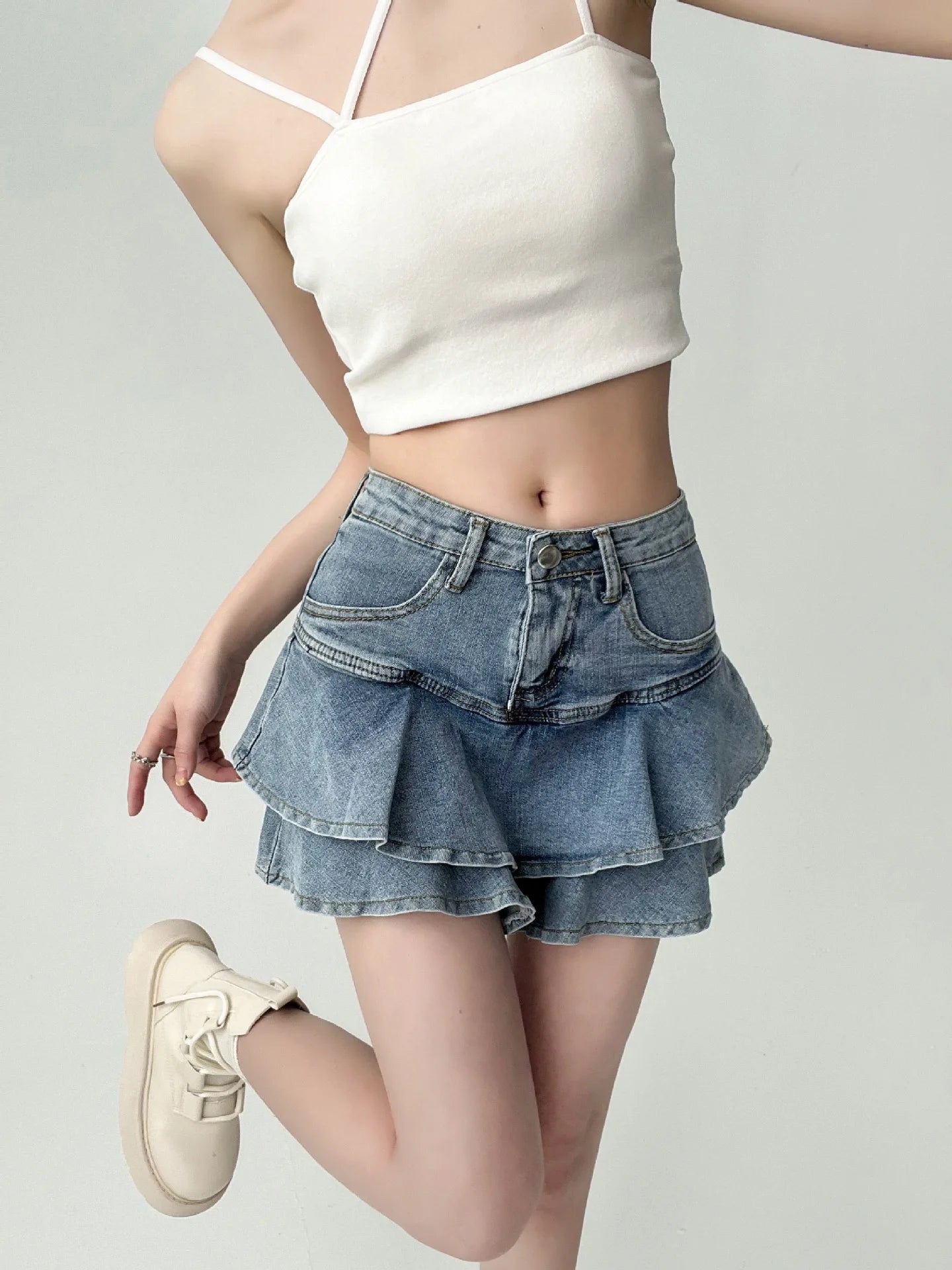 High-Waist Stretch Denim Mini Skirt